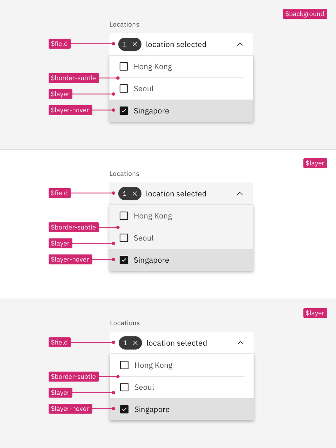 Layer set tokens applied to dropdown in the Gray 10 theme