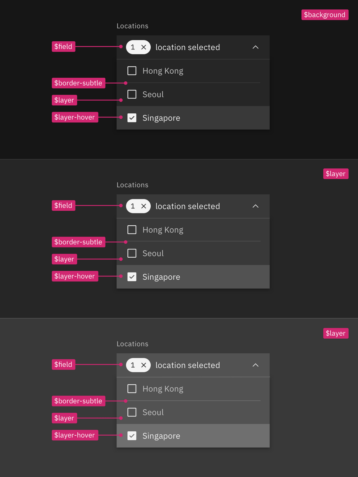 Layer set tokens applied to dropdown in the Gray 100 theme